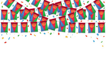 Eritrea flag garland white background with confetti, Hang bunting for Eritrea Independence Day celebration template banner, Vector illustration