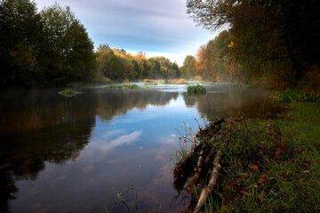Fantastic foggy river with fresh green grass. Autumn morning on the river