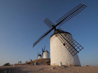 Seven windmills with a castle in Consuegra. La Mancha. Don Quixote. Spain