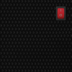 Red rectangle rocker power switch in on position, black abstract dot texture frame pattern, natural...