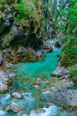 The beautifull emerald green river Soca in the middle of the triglav national park, Slovenia