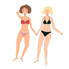 Summer holiday. Young female couple lying and sun tanning. Sisters, friends or lesbian woman isolated vector illustration