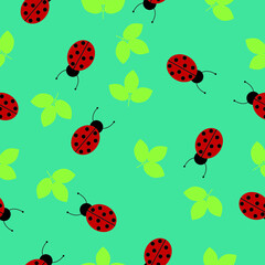 Vector pattern with ladybugs and leaves. High quality vector illustration.