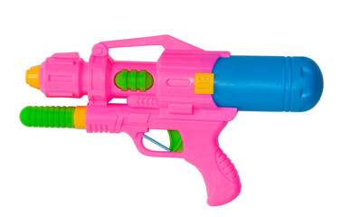 Plastic water gun on an isolated white background. Summer outdoor games by the pool or beach