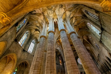 Interior view of the roof of the Basilica of Santa Maria del Mar church in the Ribera district near...