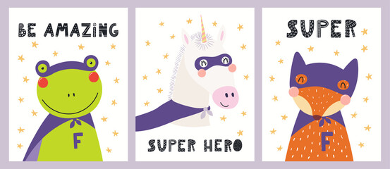 Cute funny animals superheroes, fox, frog, unicorn, quotes. Posters, cards collection. Hand drawn animal vector illustration. Scandinavian style flat design. Concept for kids fashion, textile print.