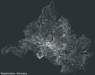 Detailed negative navigation white lines urban street roads map of the German regional capital city of SAARBRÜCKEN, GERMANY on dark gray background