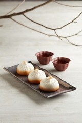 Pan fried Shanghai Pork Bun served in a dish isolated on grey background