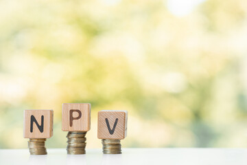 NPV word written on wood cubes, stacks of coins, nature green background.