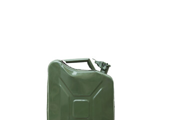 Green Jerrycan isolated on white background. Gas canister full of gasoline. Fuel shortage while travelling far