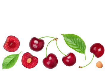 Fototapeta na wymiar red sweet cherry isolated on white background. Top view with copy space for your text. Flat lay