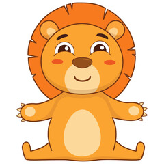 Cartoon charming lion sits and waits for a hug