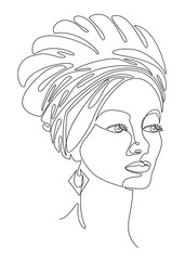 Silhouettes of the girl's head. Lady in a turban, scarf. Woman face in modern one line style. Solid line, contour for decor, posters, stickers, logo. Vector illustration.