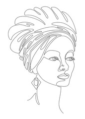 Silhouettes of the girl's head. Lady in a turban, scarf. Woman face in modern one line style. Solid line, contour for decor, posters, stickers, logo. Vector illustration.