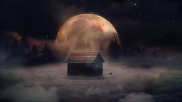 Cabin Woods Foggy Moon Rising Mysterious Scene. Small wooden house on a foggy forest under moonlight, zoom in. Motion background