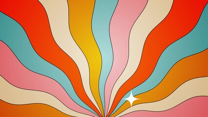Retro, abstract, multicolor wavy, groovy, hippie, flat, abstract, cartoon looping sky background in seventies style with blinking white sparkles and sun beams. - Powered by Adobe