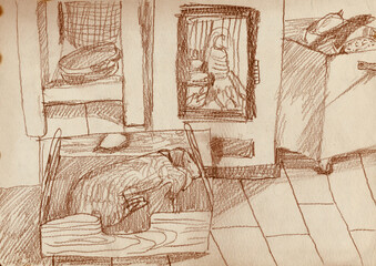 An hand drawn illustration, scanned picture - lying dog near the fireplace. Pencil technique.