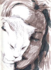 An hand drawn illustration, scanned picture - an woman and some cat - artistic marker technique