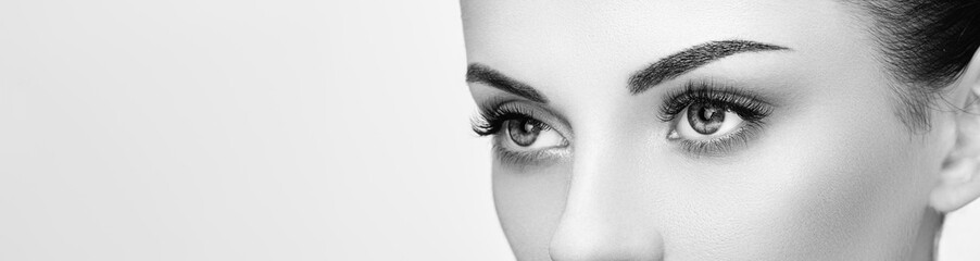 Female Eye with Extreme Long False Eyelashes. Eyelash Extensions. Makeup, Cosmetics, Beauty. Close...