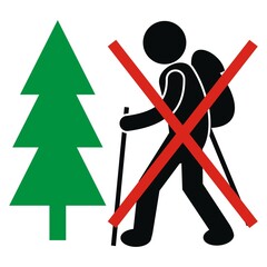No entry, tourist in nature, black silhouette of person and green tree,vector icon , conceptual sign