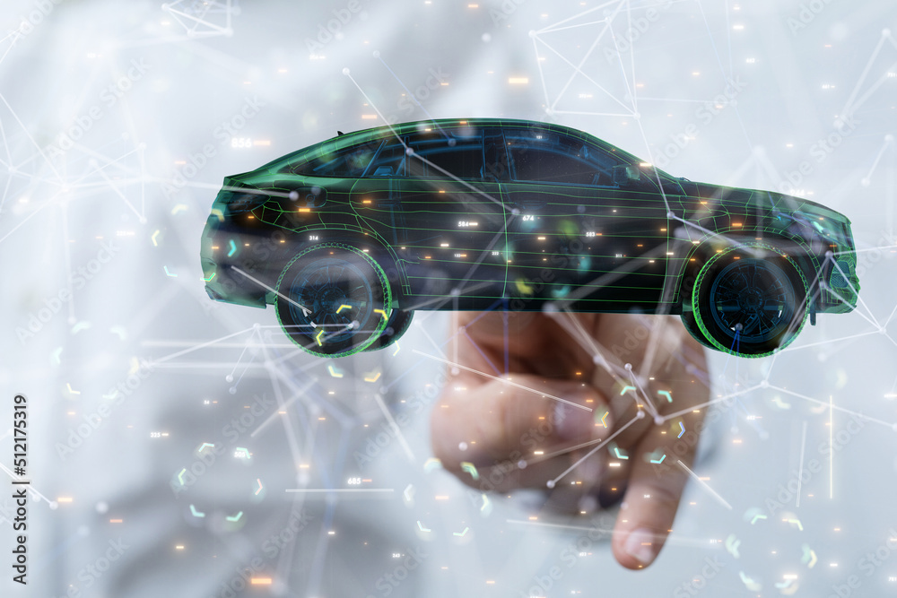 Poster Electric car icon from lines, triangles and particle style