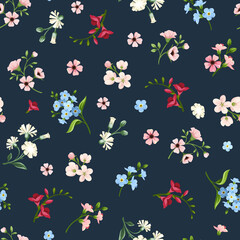 Seamless floral pattern with small red, pink, blue, and white flowers on a dark blue background. Vector illustration