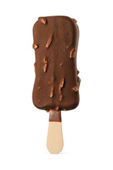 Popsicle ice cream bar with chocolate coating and almonds isolated on white.