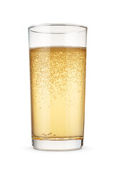 Glass of yellow soda isolated white.
