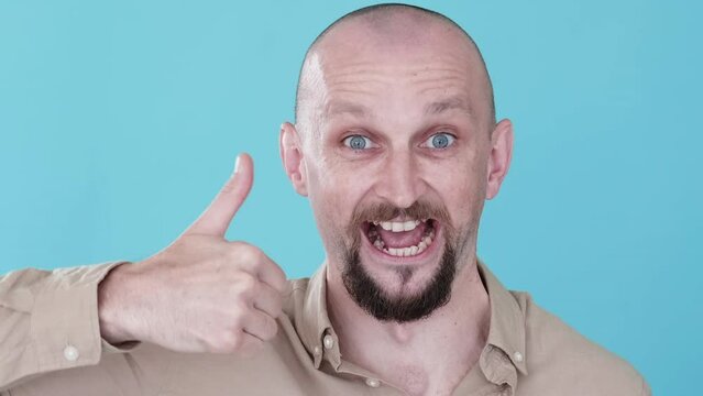 Vote gesture. Yeap nope. Boomerang motion. Negative positive reaction. Uncertain skeptic guy with sad happy opposite face expression thumb up down gif loop isolated on blue.