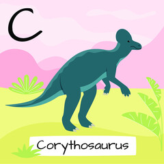 Corythosaurus dinosaur. Letter C. Children's alphabet education. Vector illustration of a prehistoric dinosaur.