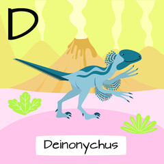 Deinonychus dinosaur. Letter D. Children's alphabet education. Vector illustration of a prehistoric dinosaur.