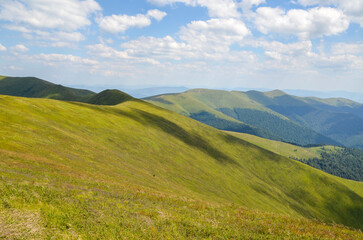 Picturesque landscape with mountain range, green slopes and alpine meadow at summer day. Carpathian Mountains, Ukraine