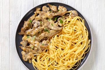 liver stroganoff with spaghetti on plate, top view