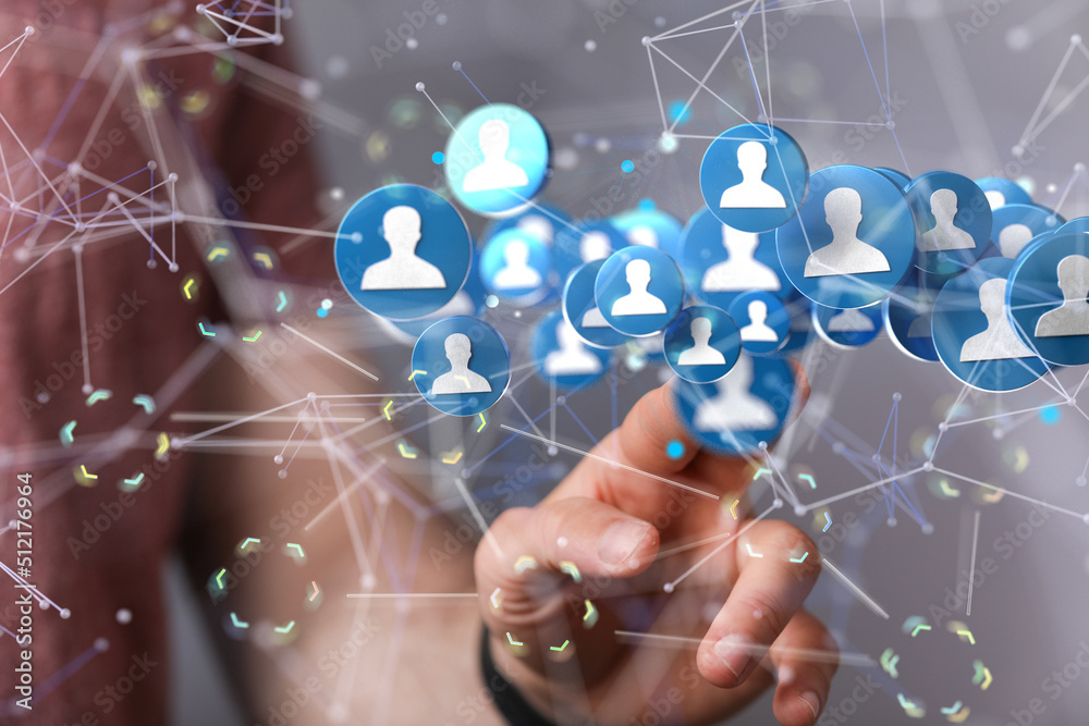 Poster businessman using data network with his fingers