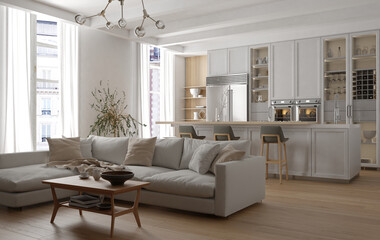 Fototapeta na wymiar Modern interior of white kitchen with living room. 3d render 