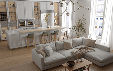 Modern interior of white kitchen with living room. 3d render	