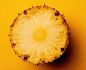 Top view on a cut in half of pineapple on the yellow background.