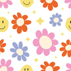 Groovy seamless pattern with flowers on a white background. Cheerful vector wallpaper in the style of the 70s. Simple shaped flowers. Retro fabric print, kids clothes, home textile