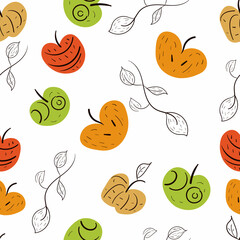 Apples vector pattern. Cute summer illustration. Fresh colourful doodle fruits with leaves on white background.