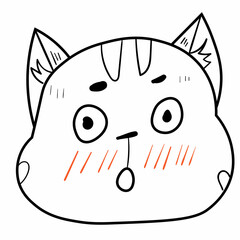 Doodle confused cat emotion head.Emoji icon. Cute fun kid vector illustration. Black line art animal on white background.