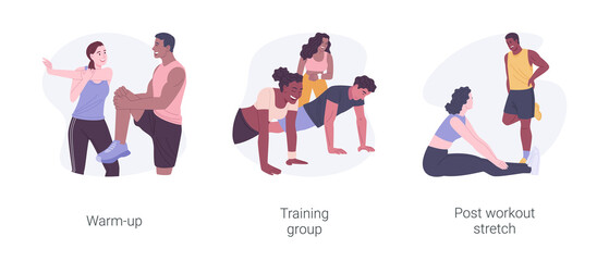 Training process isolated cartoon vector illustrations set.