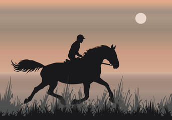 isolated silhouette of a galloping rider against the sky