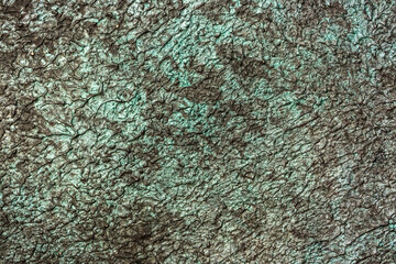 Green background from decorative plaster with abstract spots. Unusual green wall texture with beautiful patterns, creative surface background. Front covering for facing of buildings.