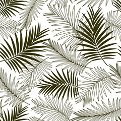 Palm leaves monochrome seamless pattern. White background. Vector design.