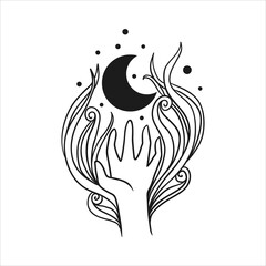 Moon Mystical Icon logo. Hands holding Moon. Vector Illustration