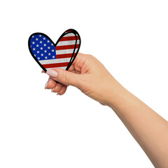 Woman hand is holding heart. Peace concept on white background. USA