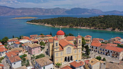 Naklejka na ściany i meble Aerial drone photo of landmark church of Agios Nikolaos in picturesque and historic village of Galaxidi, Fokida, Greece