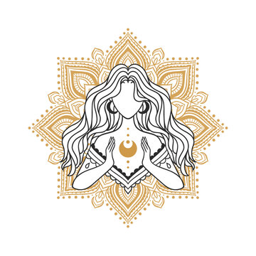 Witch girl gold with moon, portrait for celebration design. Vector illustration