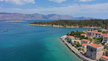 Naklejka na ściany i meble Aerial drone photo from famous and picturesque port of traditional historic village of Galaxidi, Fokida, Greece