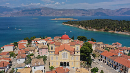 Naklejka na ściany i meble Aerial drone photo of landmark church of Agios Nikolaos in picturesque and historic village of Galaxidi, Fokida, Greece